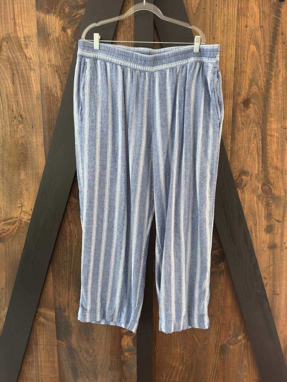Old Navy Women Pants Blue Linen Striped Coastal Beach Wide Leg Comfort Size XL